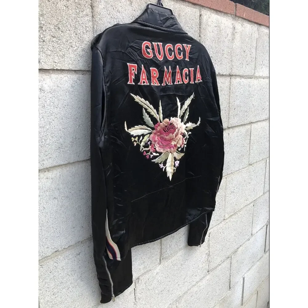 GUCCI Guccy Farmacia Embroidery Satin Biker Jacket Black Sz 44